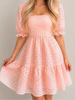 NWOT- Francesca's Collections Light Pink Eyelet Puff Sleeve A-Line Dress